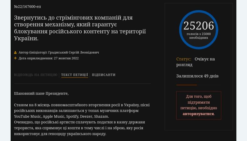 Петиція про заборону російського контенту на стрімінгових сервісах в Україні набрала 25 тисяч голосів