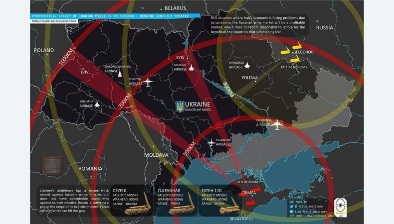 Зона покриття іранських балістичних ракет у разі їхнього розміщення у Білгороді та Криму